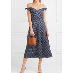 SALONI Navy Blue Polka Dot Off The Shoulder Midi Ruth Dress US 0